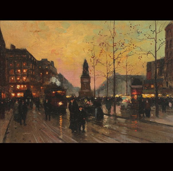 EDOUARD CORTES "Place de la Republique": EDOUARD CORTES (French 1882-1969) Place de la Republique Oil on canvas 13 x 18.25 inches/ 33 x 46.3 centimeters Signed lower right "Edouard Cortes" Frame: 21.5 x 26 inches/ 54.6 x 66 centimeters PROVE
