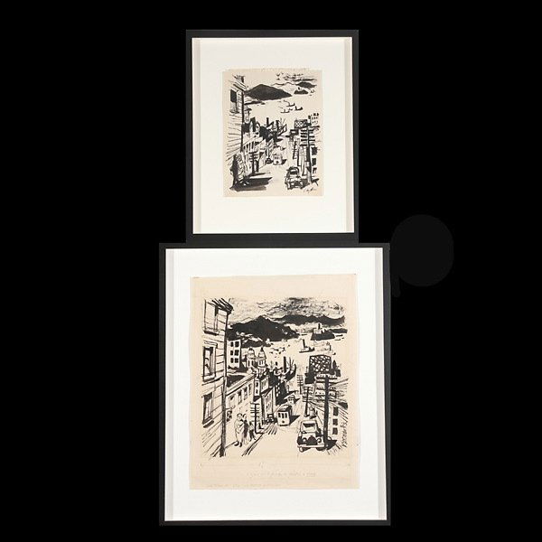 DONG KINGMAN Two works: "San Francisco": DONG KINGMAN (American 1911-2000) Two works: "San Francisco Harbor from Russian Hill (original sketch); Down Hyde Street (studio sketch)" Ink on paper San Francisco Harbor: 11.5 x 8.75 inches/ 29.2 x