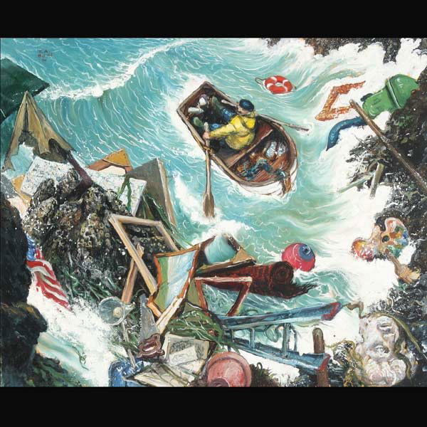 CHESTER ARNOLD Landfall, 2002: CHESTER ARNOLD (American b.1952) Landfall, 2002 Oil on linen 18 x 22 inches/ 45.7 x 55.9 centimeters Initialed & dated upper left "C. A., 8-8-02" Verso: Signed, titled & dated "Chester Arnold, Landfal