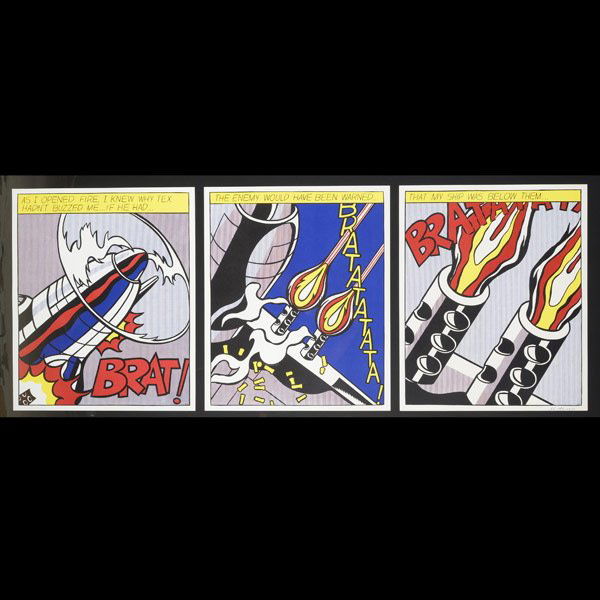 Roy Lichtenstein "As I Open Fire...." Serigraph: ROY LICHTENSTEIN (American 1923-1997) As I Opened Fire... Three panel serigraph 25 x 62.25 inches/ 63.5 x 158.8 centimeters Signed lower right of Bratatat panel "Roy Lichtenstein" Frame: 31.25 x 71 in