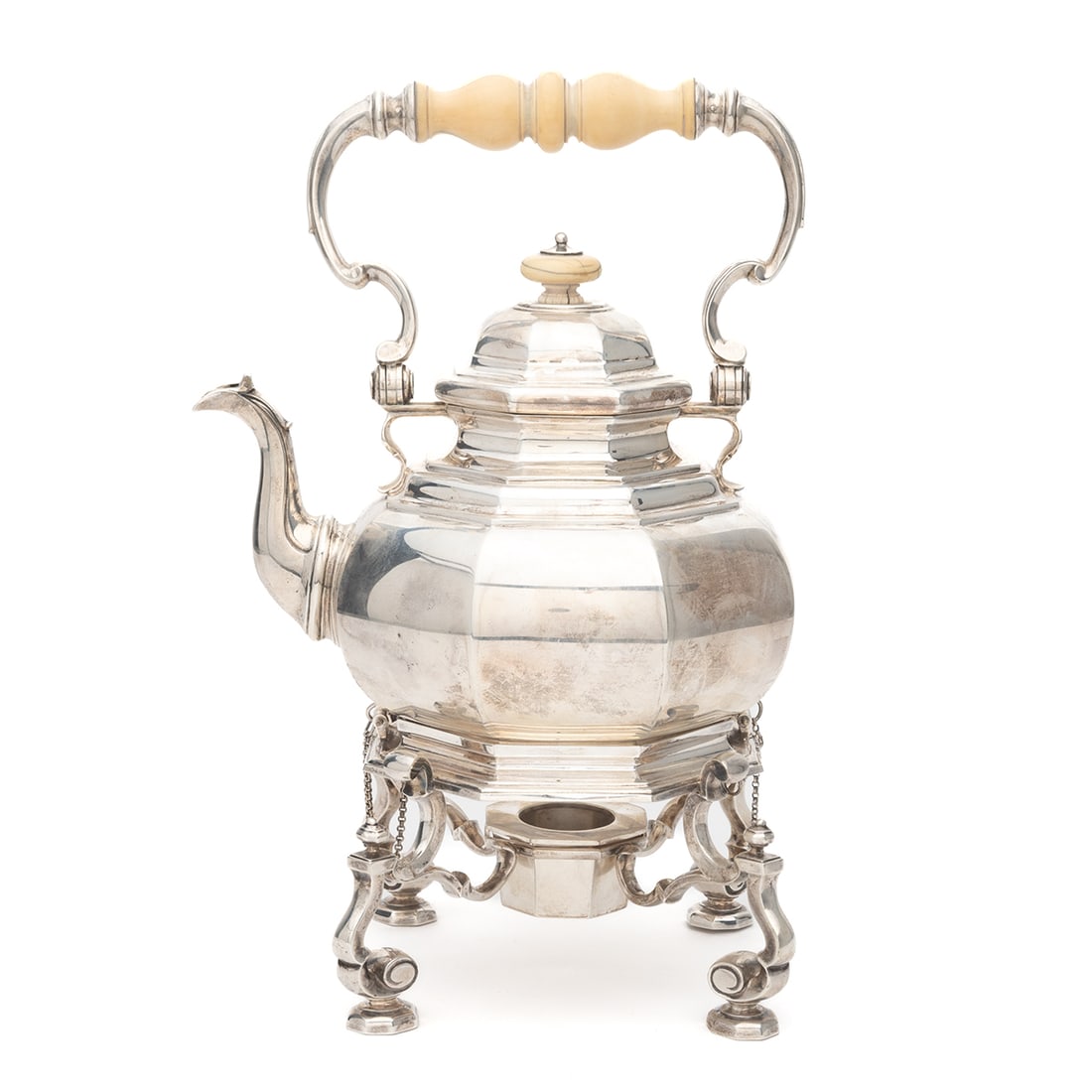 19th Century English Sterling Silver Kettle on Stand: 19th Century English Sterling Silver Kettle on Stand. Made by George Fox; comprising the kettle with cover, stand for kettle, and small vessel for heating element; all sterling. All pieces bearing app
