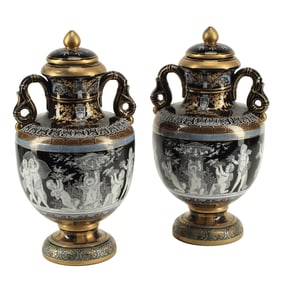 Pair of Minton Style Porcelain Covered Urns
