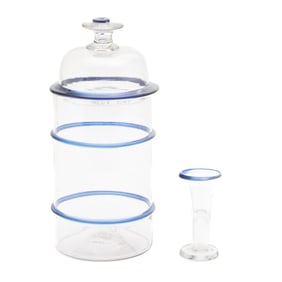 Blue and Colorless Blown Ring Jar and Firing Glass