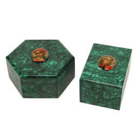 Two Russian Style Malachite Cartouche Mounted Boxes