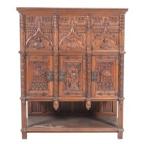 Belgian Gothic Style Carved Oak Cabinet