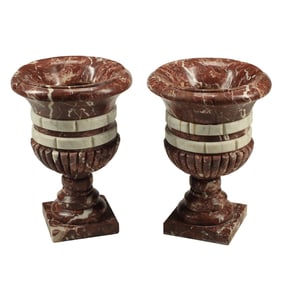 Pair of Italian Style White and Red Marble Urns