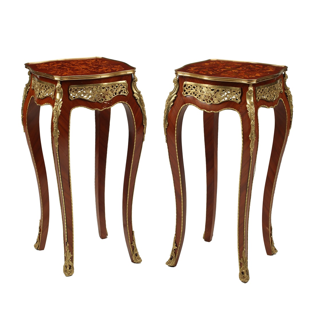 Pair of Louis XV Style End Tables: Pair of Louis XV Style End Tables. Inlaid tops, gilt metal mounts. {Approximate dimensions: 30 1/4" high x 14 3/4" wide and deep.}. Condition: Minor wear overall. One top with spot damage to veneer. V