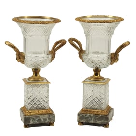 Pair of Baccarat Style Crystal and Bronze Urns