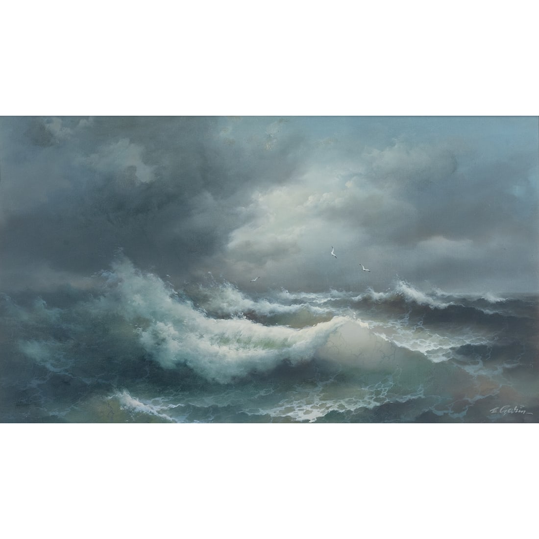 Eugene Garin, Seascape, oil on canvas: EUGENE GARIN (Russian, 1922-1994), Seascape, oil on canvas, (approximate dimensions - sight: 27-1/4 x 47-1/2 inches, canvas: 27-3/4 x 48 inches). signed lower right. Condition: Minor surface dust, ver