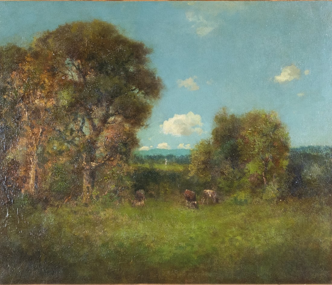 William Keith, Berkeley Hills, oil on canvas: WILLIAM KEITH (American/CA, 1838-1911), Pastoral Landscape, Berkeley Hills, California, USA, oil on canvas, (approximate dimensions - sight: 19-1/2 x 23-3/8 inches, canvas: 20-1/8 x 24-1/8 inches), si