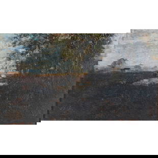 William Keith, Landscape, oil on board: WILLIAM KEITH (American/CA, 1838-1911), Landscape, oil on board, (approximate dimensions - sight: 4-3/8 x 7-5/8 inches, panel: 4-3/4 x 8-1/8 inches); inscribed initial at lower left. Condition: Surfac