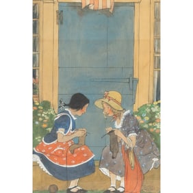 Maginel Barney, Two Girls Knitting, watercolor gouache