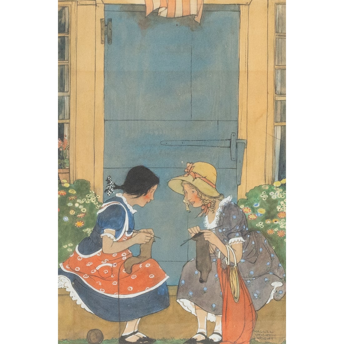 Maginel Barney, Two Girls Knitting, watercolor gouache (1 of 4)