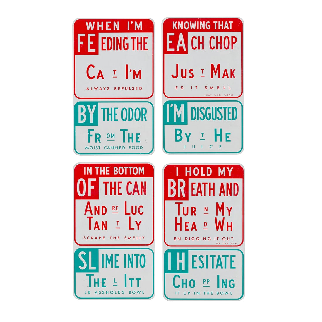 Bob Zoell, Four Street Signs from the Cat Food Series (1 of 5)