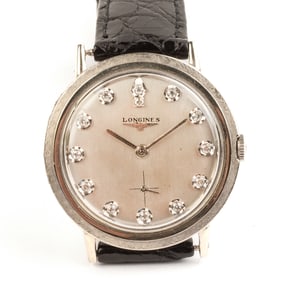 Longines Diamond, 14k White Gold, Leather Wristwatch.