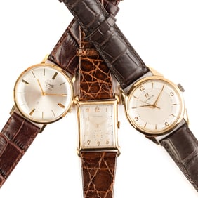 Three Movado, Omega, Piquette Gold Leather Wristwatches
