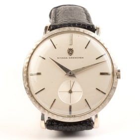 Nivada Grenchen 14k White Gold, Leather Wristwatch