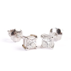 Pair of Diamond, 14k White Gold Stud Earrings.