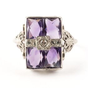 Vintage Diamond, Amethyst, 14k White Gold Ring.