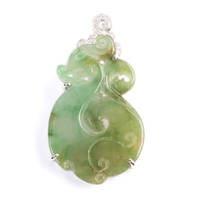 Jade, Diamond, 14k White Gold Pendant.