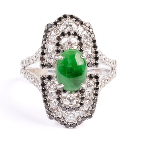 Jade, Black Diamond, Diamond, 18k White Gold Ring.