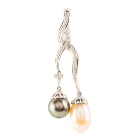 Cultured Pearl, Diamond, 18k White Gold Pendant.