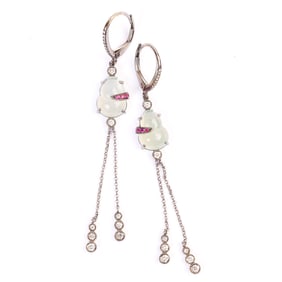 Jade, Ruby, Diamond, Rhodium-Plate 14k Gold Earrings.