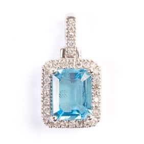 Blue Topaz, Diamond, 14k White Gold Pendant.