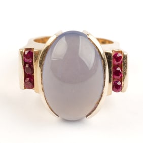 Chalcedony, Ruby, 14k Yellow Gold Ring.