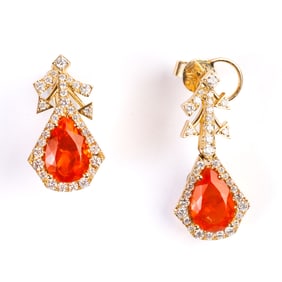 Pair of Fire Opal, Diamond, 14k Yellow Gold Earrings.
