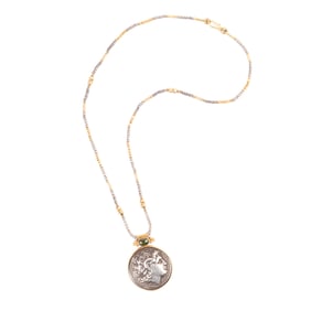 Coin Form, Tourmaline, 20k Yellow Gold, Silver Necklace