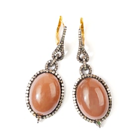 Pair of Moonstone, Diamond, Silver, 18k Gold Earrings.