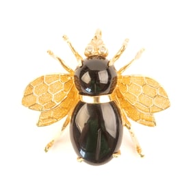 Black Onyx, Diamond, 14k Yellow Gold Bee Pendant Brooch
