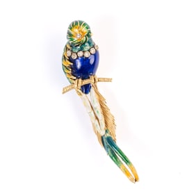 Enamel, 18k Yellow Gold Bird Brooch.