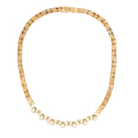 Opal, Diamond, Emerald, 14k Yellow Gold Necklace.