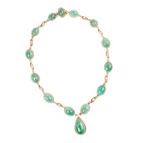Emerald, Diamond, 14k Yellow Gold Necklace.