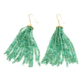 Pair of Emerald Bead, Diamond, 14k Yellow Gold Earrings