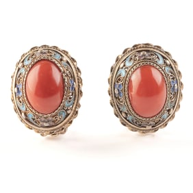 *Pair of Coral, Enamel, 14k Yellow Gold Ear Clips.