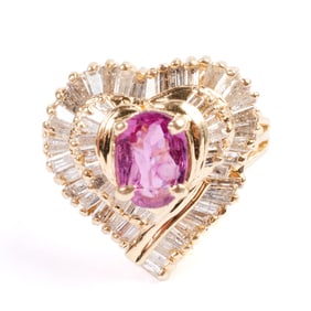 Purplish/Pink Sapphire, Diamond, 14k Yellow Gold Ring.