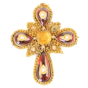 Antique Garnet, Seed Pearl, 14k Gold Cross Brooch.