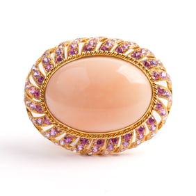 *Coral, Pink Sapphire, 18k Gold Pendant Enhancer Brooch