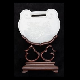 Chinese Carved White Jade Ruyi Pendant on Wooden Stand