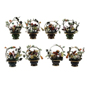 Eight Chinese Jade Trees in Cloisonne Jardiniere