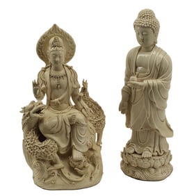 Two Chinese Blanc De Chine Porcelain Statues of Guanyin