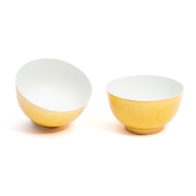 Pair Chinese Monochrome Yellow Glaze 'Sea Beasts' Bowls