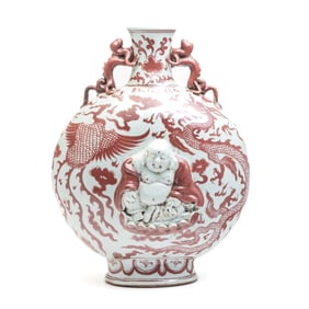 A Large Chinese Copper Red Moon Flask 'Buddha' Vase