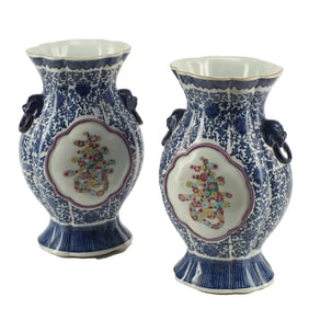 Pair of Chinese Blue and White Porcelain Oval Vases