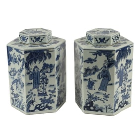 Pair of Chinese Blue and White Porcelain Tea Caddies