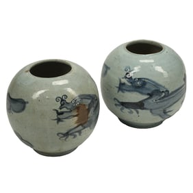 Pair of Korean Blue and White Porcelain 'Dragon' Pots