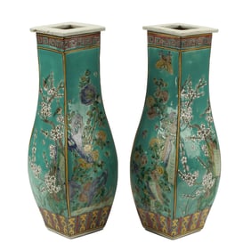 Pair of Chinese Famille-Verte Turquoise Ground Square Porcelain Vases
